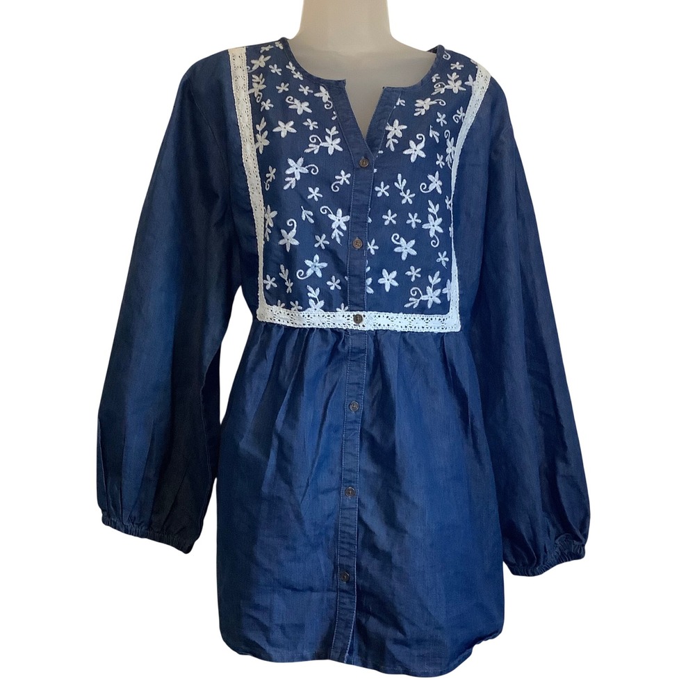 Boho Embroidered Denim Tunic Top Blue Floral Lace Cotton 1X 22/24 30-0722-6‎